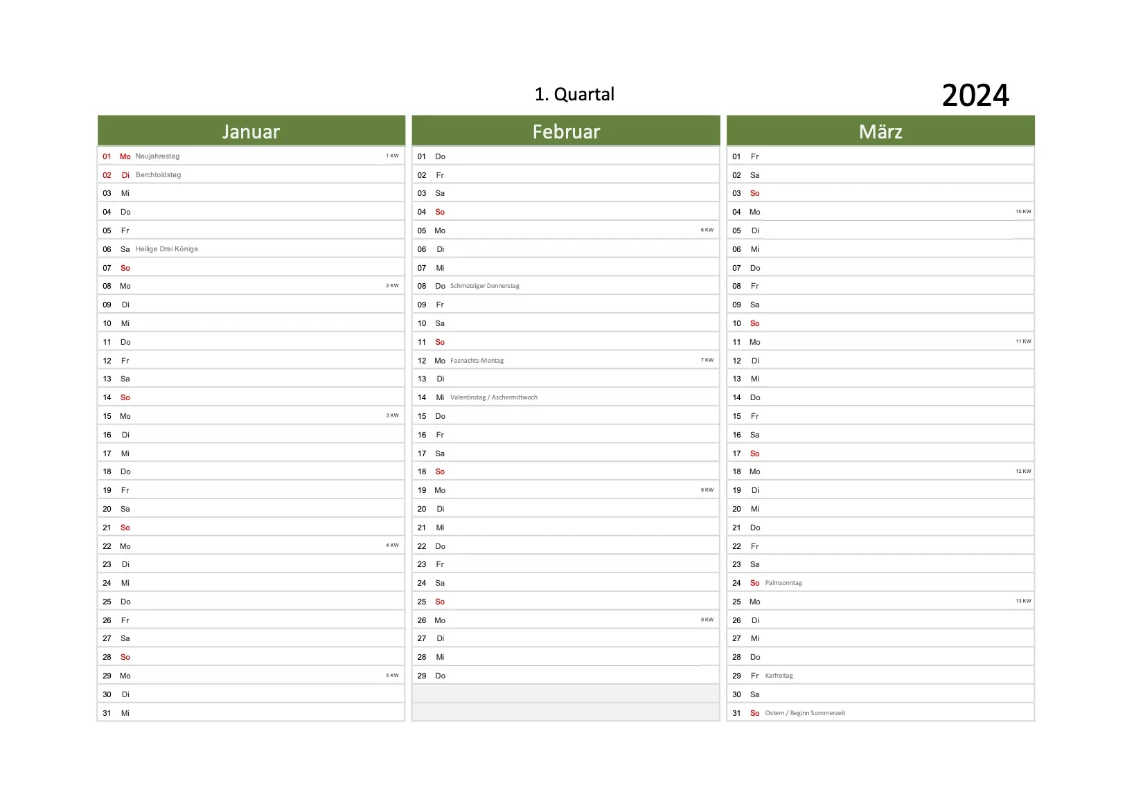 Quartalskalender 2024 Schweiz Zum Ausdrucken Excel PDF 
