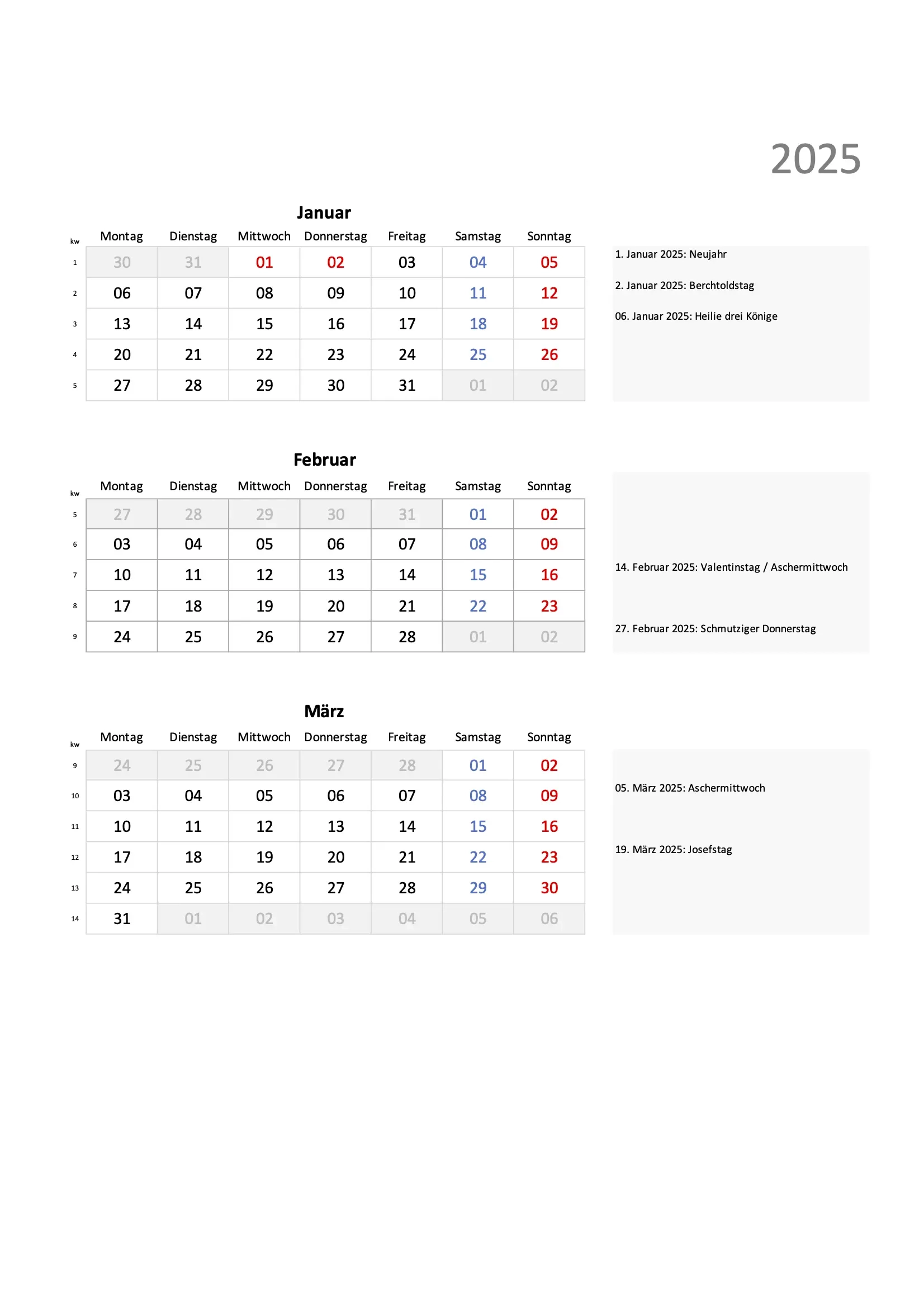 Quartalskalender 2025 Schweiz Zum Ausdrucken Excel PDF 