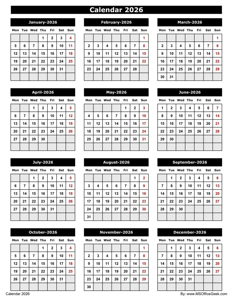 Kalender 2026 Excel