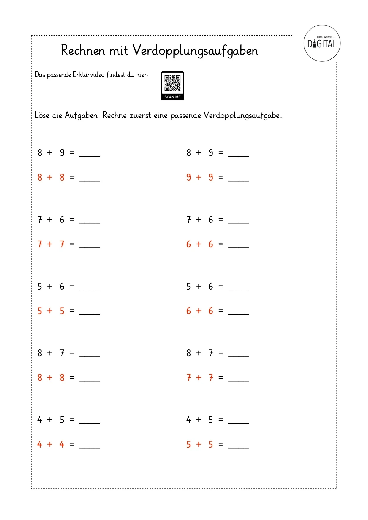 Rechnen Mit Verdopplungsaufgaben Arbeitsblatt Mit L sung Mathe Klas Frau Weber Digital