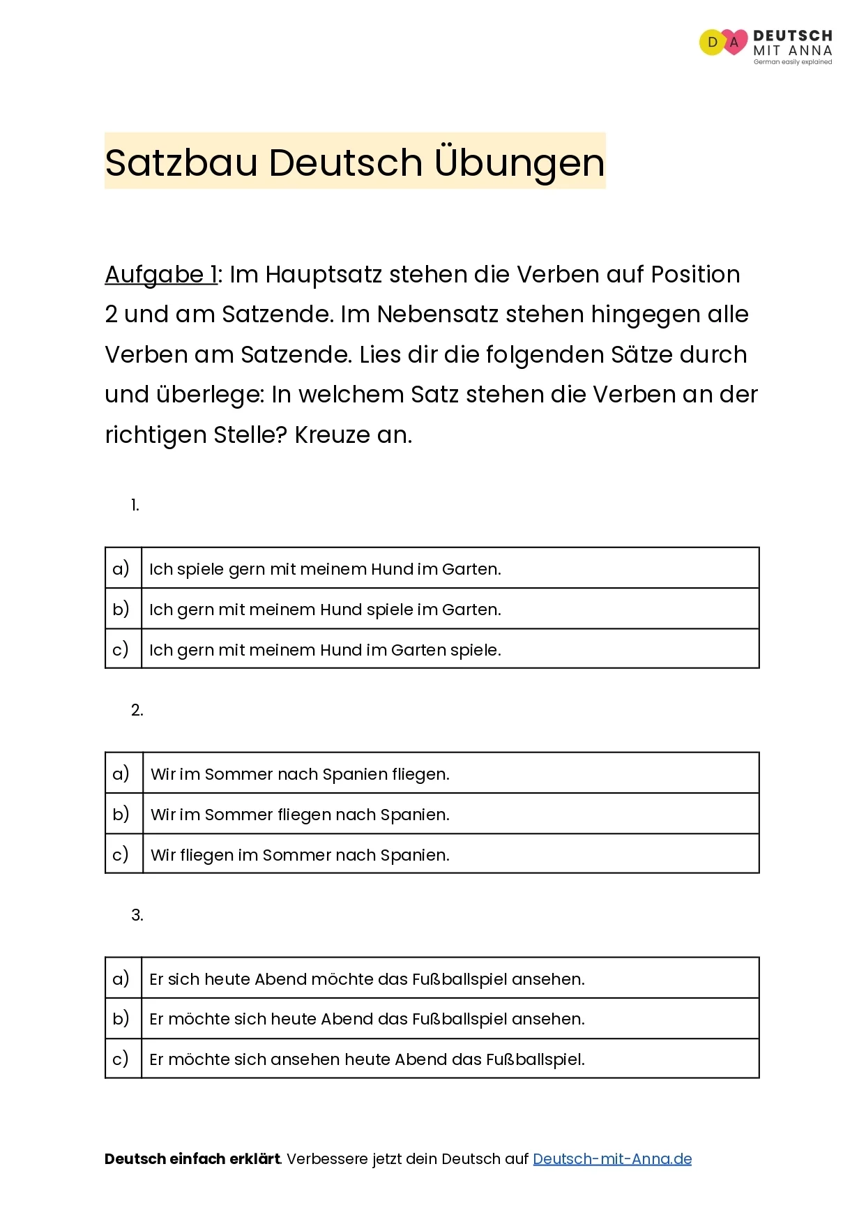  Satzbau Deutsch bungen Mit L sungen A1 B2 PDF