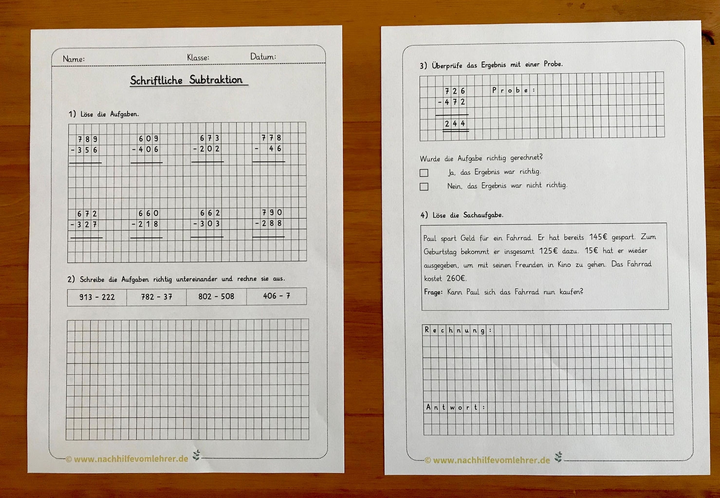 Kostenlos Textaufgabe 3. Klasse Schriftliche Subtraktion