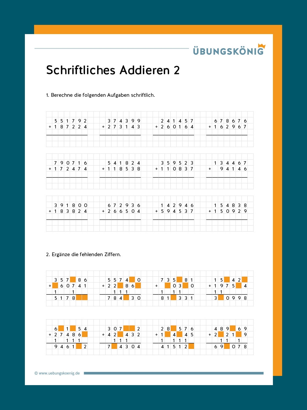 Schriftliche Addition Arbeitsblätter