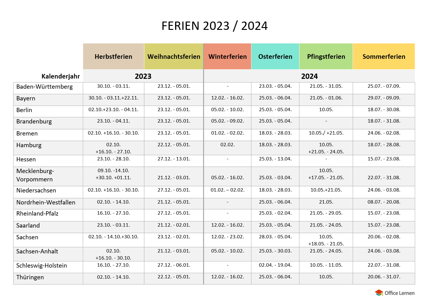 Schulferien Deutschland 2023 2024 Office Lernen