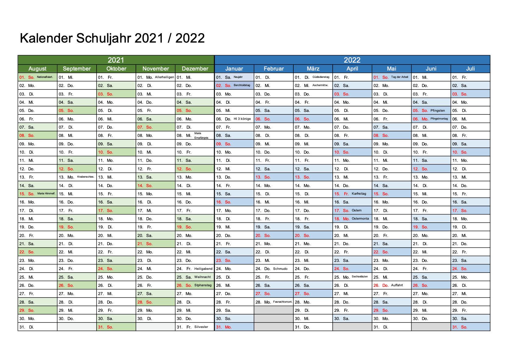 Schulkalender 2021 2022 Excel PDF Kostenlos Schweiz Kalender ch