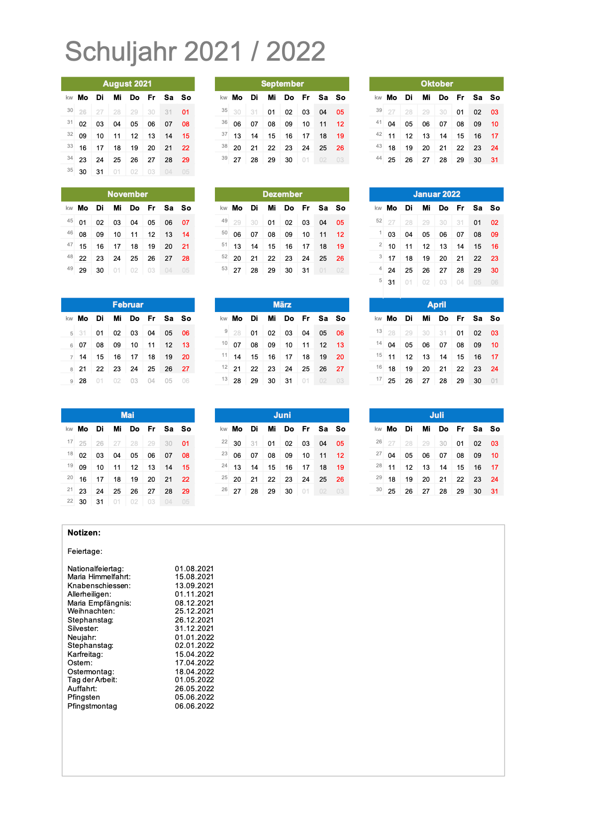 Ferienkalender Kanton Zürich