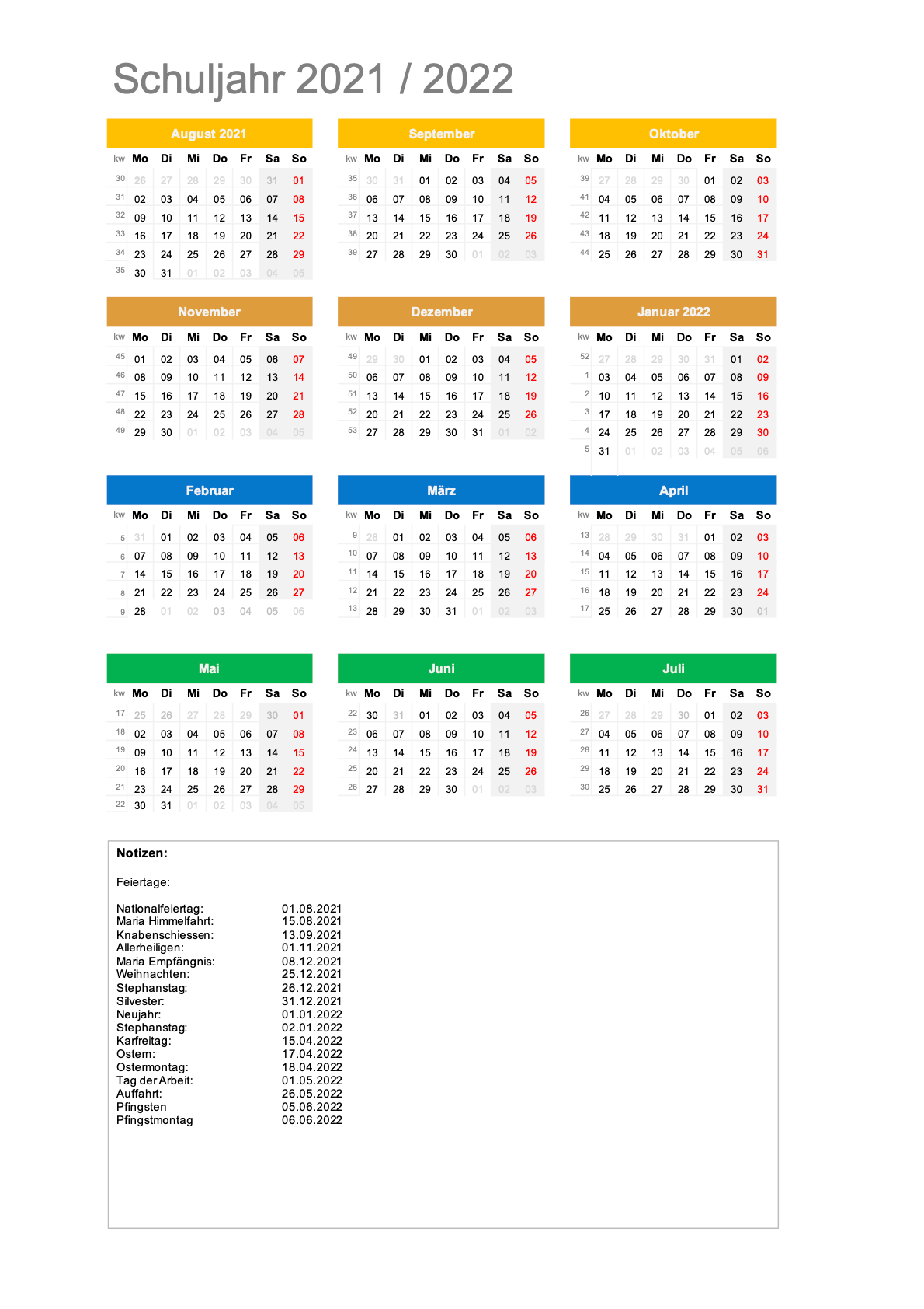 Schulkalender 2021 2022 Excel PDF Kostenlos Schweiz Kalender ch