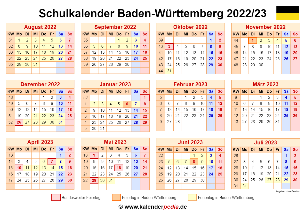Schulkalender 2022 2023 Baden W rttemberg F r PDF