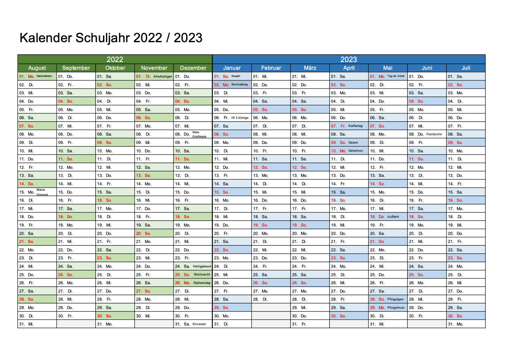 Jahreskalender 2022 Schweiz Zum Ausdrucken
