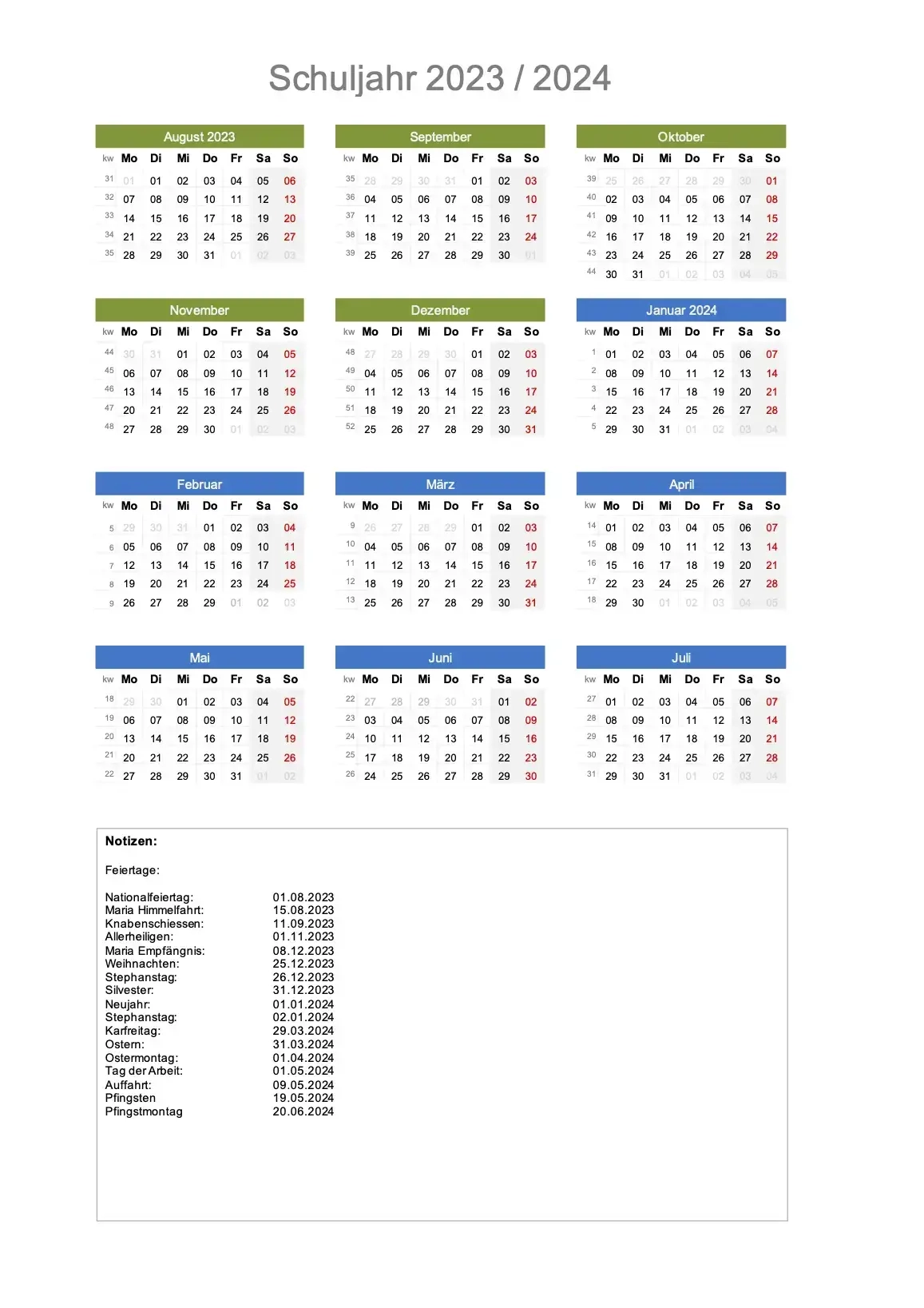 Schulkalender 2023 2024 Excel PDF Gratis Download
