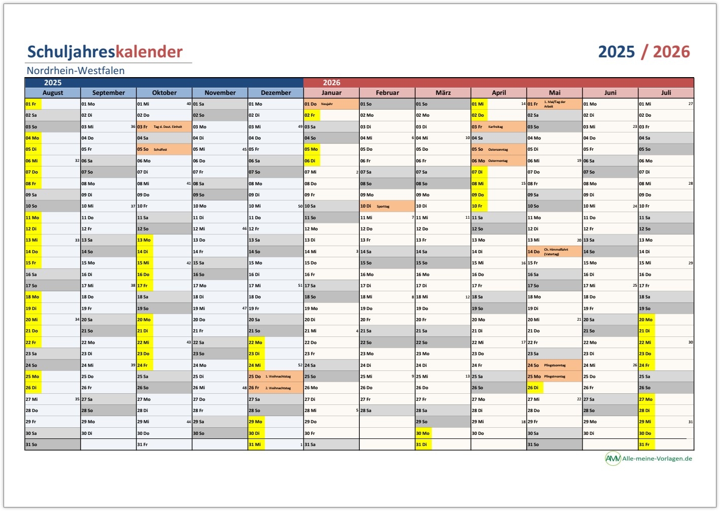 Schuljahr A4 Kalender NRW Schuljahr A4 Kalender NRW