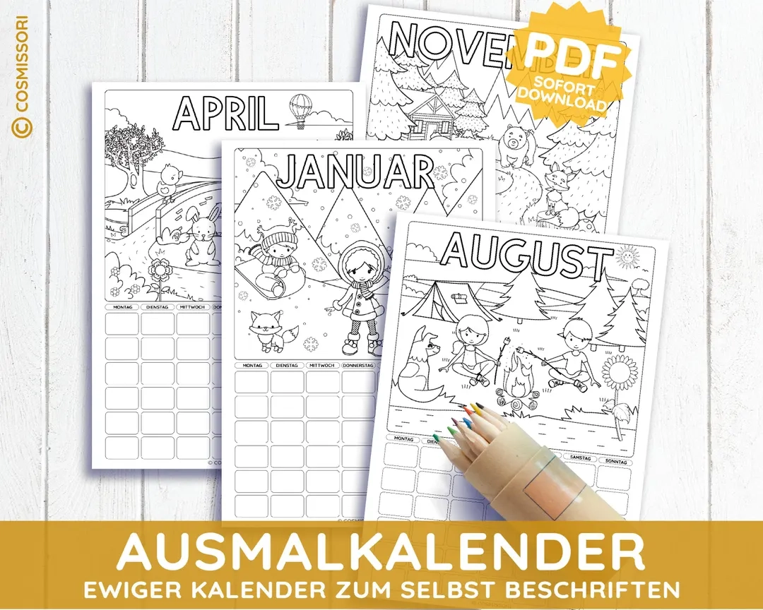 Self labeling Calendar Coloring Book Coloring Months Printable Template Printable Coloring Calendar Coloring Calendar PDF Download Child Gift DIY Etsy