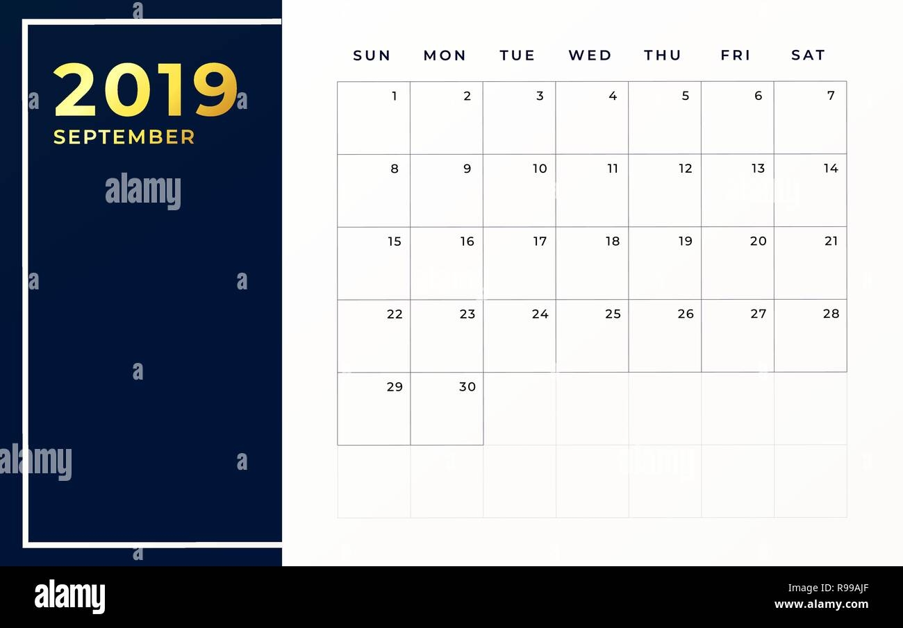 September 2019 Lieferplanvorlage Woche Beginnt Am Sonntag Leeren Kalender Monat Stock Vektorgrafik Alamy