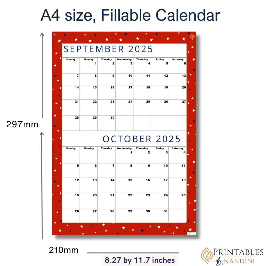 September 2025 Calendar Print October 2025 Bi monthly Calendar Sunday Start Lovely Red A4 PDF Download Bi Monthly Planner Bundle Set Etsy