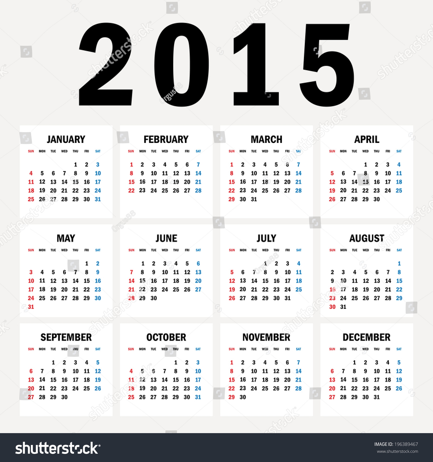 Simple 2015 Year Vector Calendar 2015 Stock Vector Royalty Free 196389467 Shutterstock