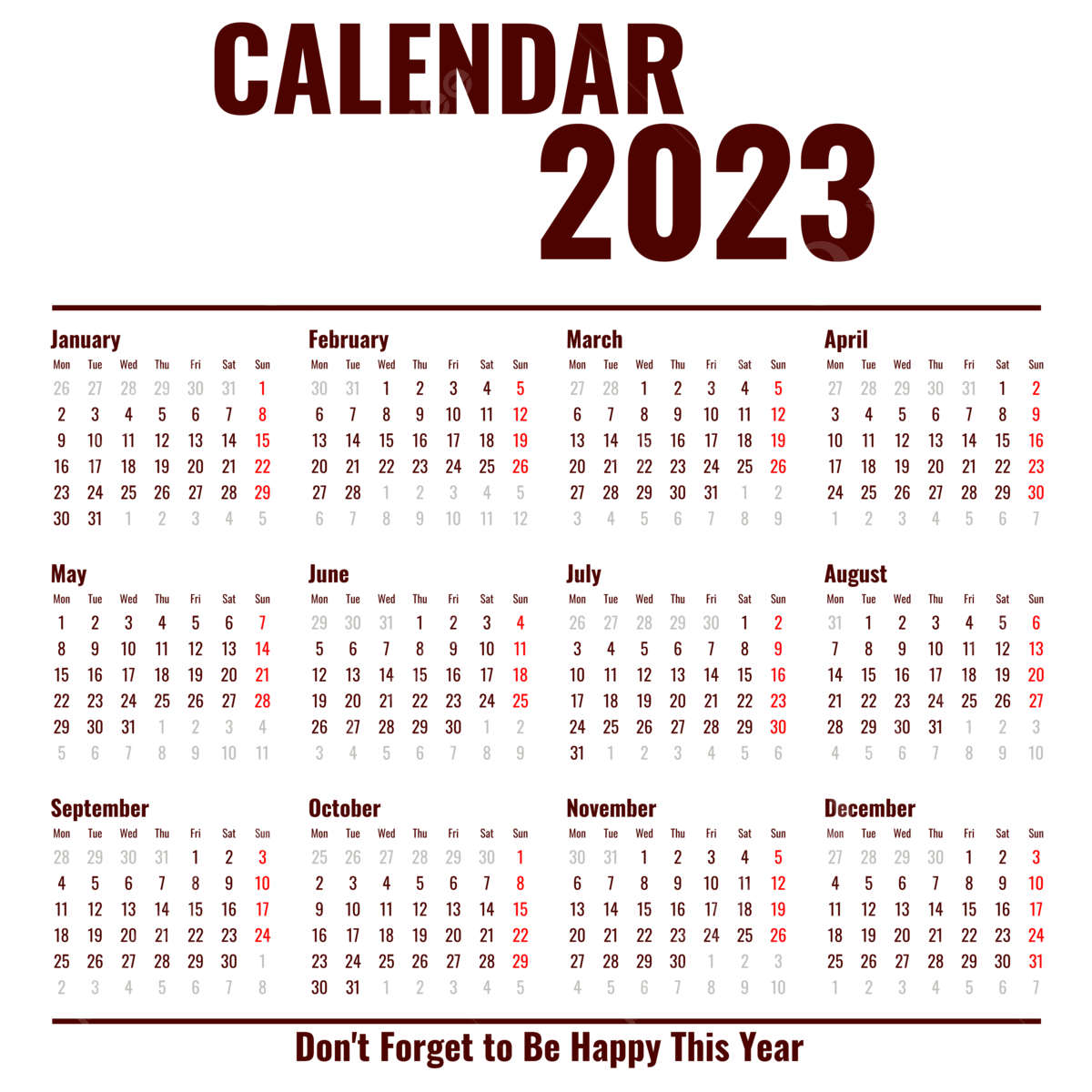 Simple 2023 Calendar With Motivation Word Kalender 2023 Calendar Calendar 2023 Calendar PNG And Vector With Transparent Background For Free Download