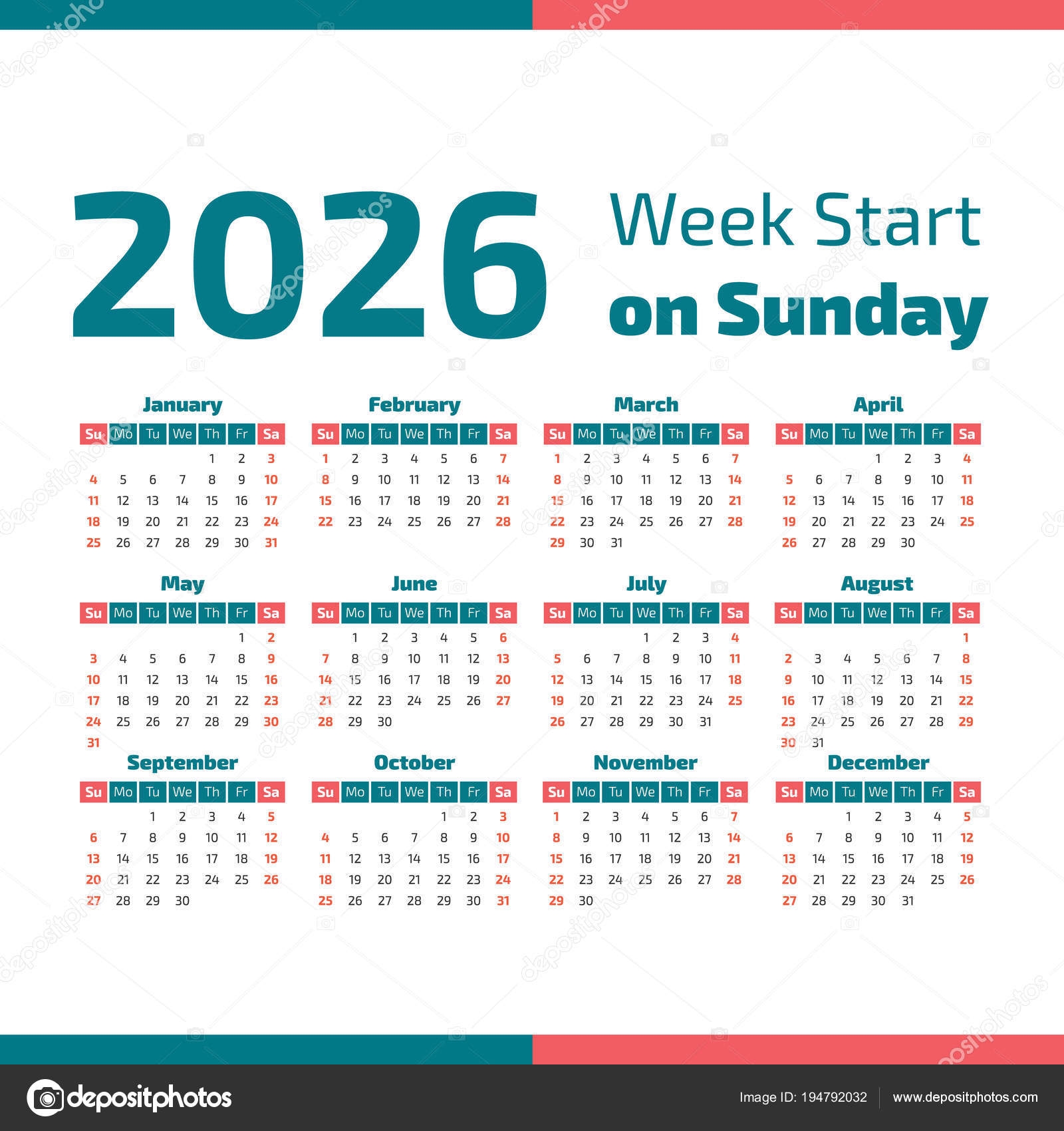 Simple 2026 Year Calendar Stock Vector By 123sasha 194792032