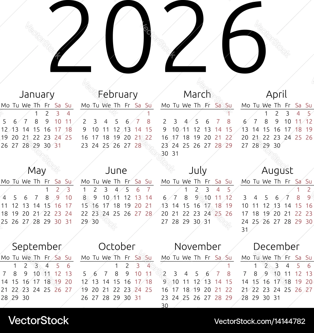 Simple Calendar 2026 Monday Royalty Free Vector Image