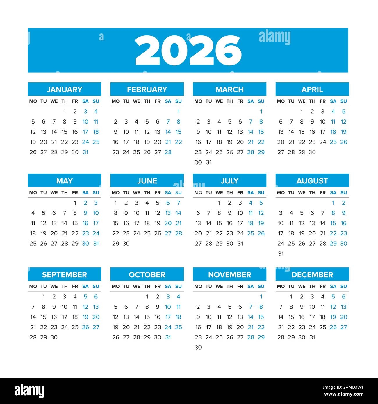 Simple Vector Calendar 2026 Weeks Start On Monday Stock Vector Image Art Alamy