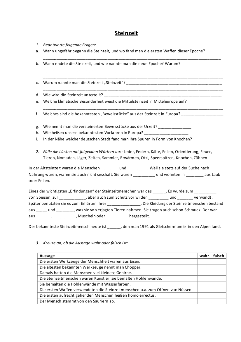 Geschichte Arbeitsblätter 5. Klassen Jungsteinzeit