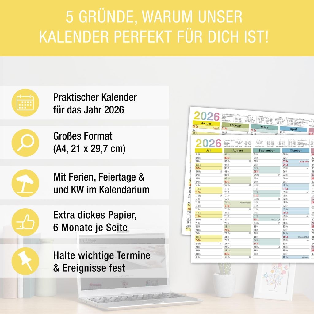 Tafelkalender 2026 A4 bunt Kalender 2026 Mit Ferien 