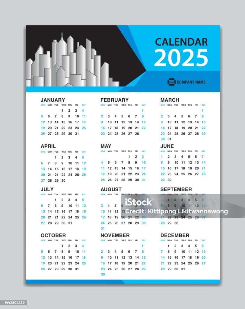Template Kalender 2025 Kalender Dinding 2025 Tahun Desain Kalender Meja 2025 Minggu Mulai Pada Hari Minggu Poster Perencana Alat Tulis Percetakan Karya Seni Vertikal Konsep Latar Belakang Poligon Biru Ilustrasi Stok 