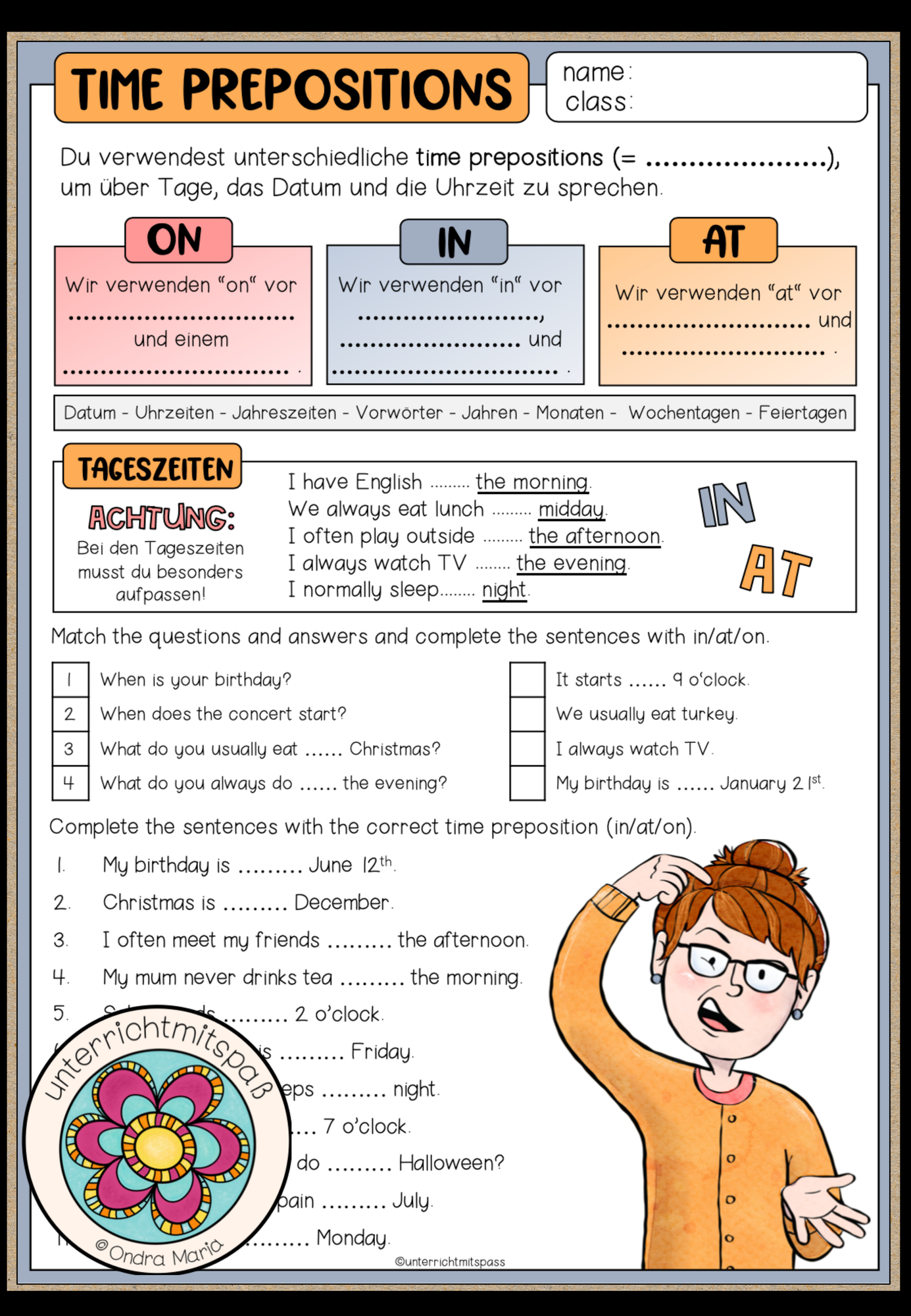 Time Prepositions Arbeitsblatt Merkblatt Und Pr sentationsfolie Unterrichtsmaterial Im Fach Englisch