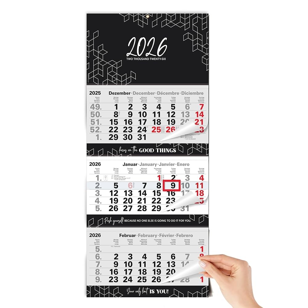 TOBJA 3 Monatskalender 2026 Wandkalender Mit Schieber Block Schwarz Kalender 2026 Wandkalender FSC zertifiziert Mit Schulferien Feiertagen Jahres bersicht Gro format 33x77 Cm gefalzt Amazon de B robedarf Schreibwaren