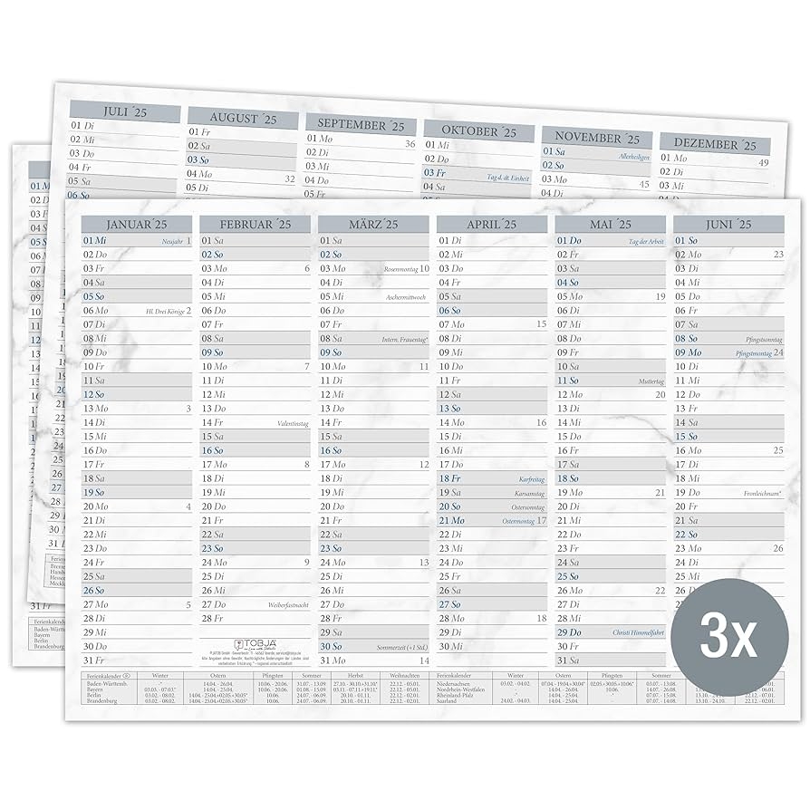 TOBJA Jahreskalender 2025 DIN A4 3er Set Kalender Marmor Design Schulferien Feiertage Wochenenden Kalender 2025 Dicker Karton 350g m 3 St ck Papier Amazon de B robedarf Schreibwaren