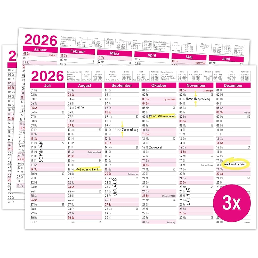 TOBJA Jahreskalender 2026 DIN A4 Pink Tafelkalender Im 3er Set Wand Tischkalender Ideal F r Kosmetikstudio Friseur Mit Schulferien Kalender 2026 A4 3 St ck Papier Amazon de B robedarf Schreibwaren
