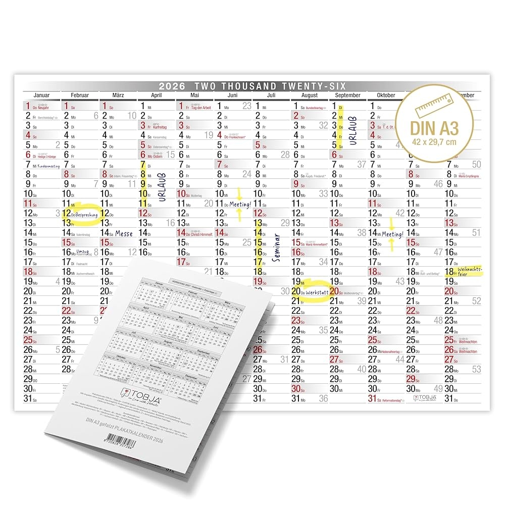 TOBJA Wandkalender 2026 A3 bersichtlicher Kalender 2026 Mit Feiertagen Und Wochennummern Jahreskalender 2026 DIN A3 30 X 42 Cm Amazon de B robedarf Schreibwaren