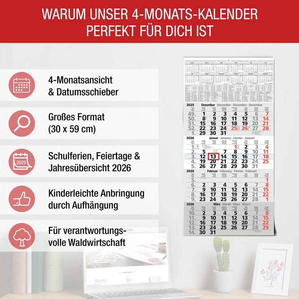 TOBJA Wandkalender 4 Monatskalender 2026 Wandkalender Mit Schieber Einblatt Kalender 2026 Wandkalender Gefalzt 