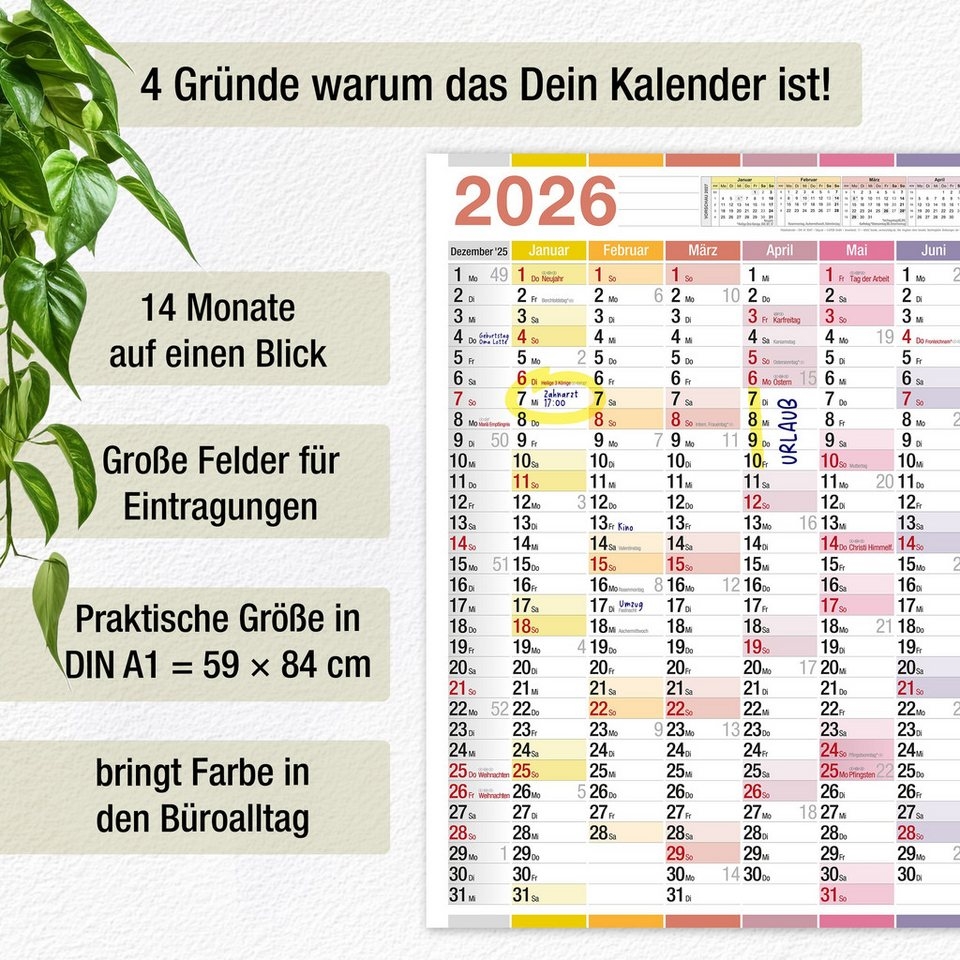 TOBJA Wandkalender A1 Kalender 2026 XXL Jahreskalender Wandkalender 60x84cm Wandplaner Jahreplaner Urlaubsplaner
