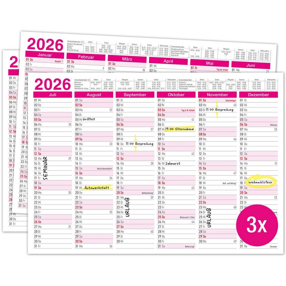 TOBJA Wandkalender Kalender 2026 A4 Pink 3er Set Tafelkalender Wandkalender Jahresplaner Schulferien Feiertage Kalender 2026