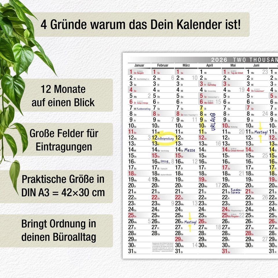 TOBJA Wandkalender Plakatkalender Wandkalender 2026 In DIN A3 Jahreskalender B ro Kalender 2026 Feiertagen Jahresplaner 30 X 42 Cm