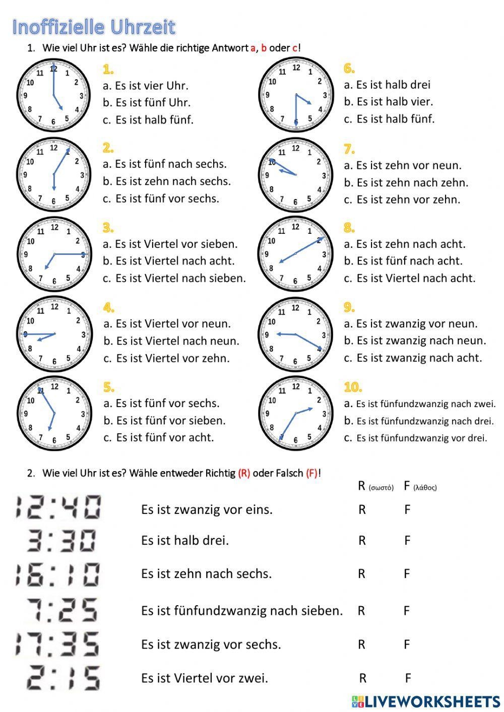 Uhrzeit Free Interactive Worksheets 780133