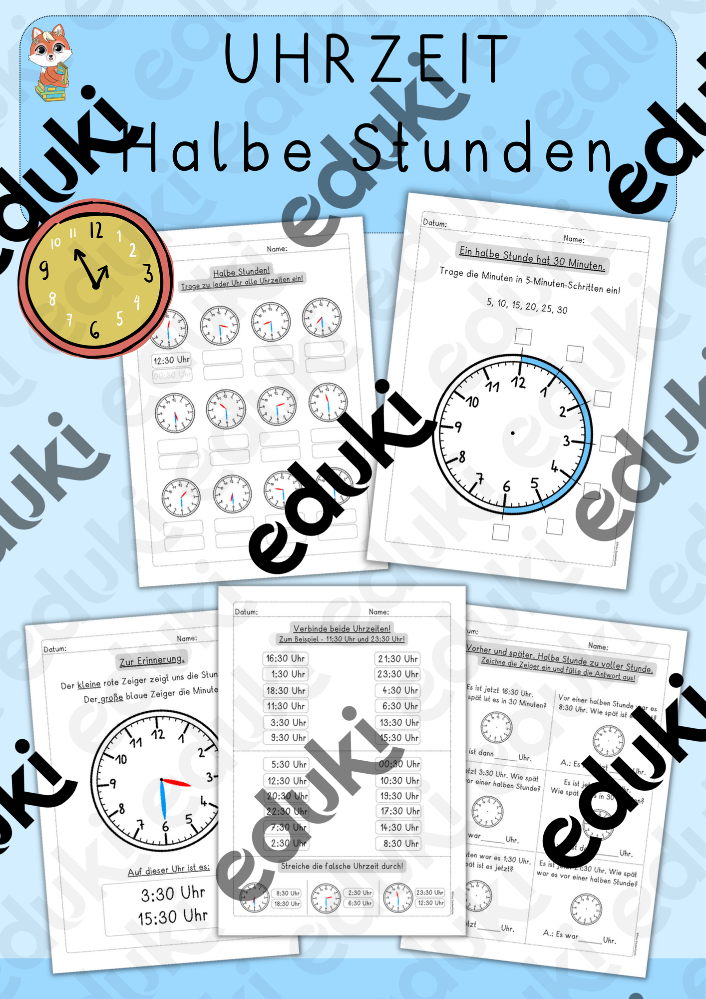 Einfache Arbeitsblätter Uhr MIT Halber Stunde