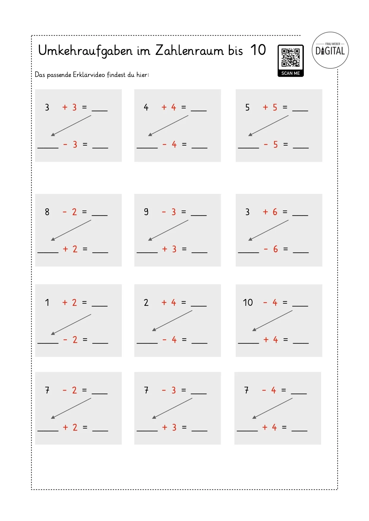Umkehraufgaben Bis 10 Arbeitsblatt Mit L sung Mathe Klasse 1 Frau Weber Digital