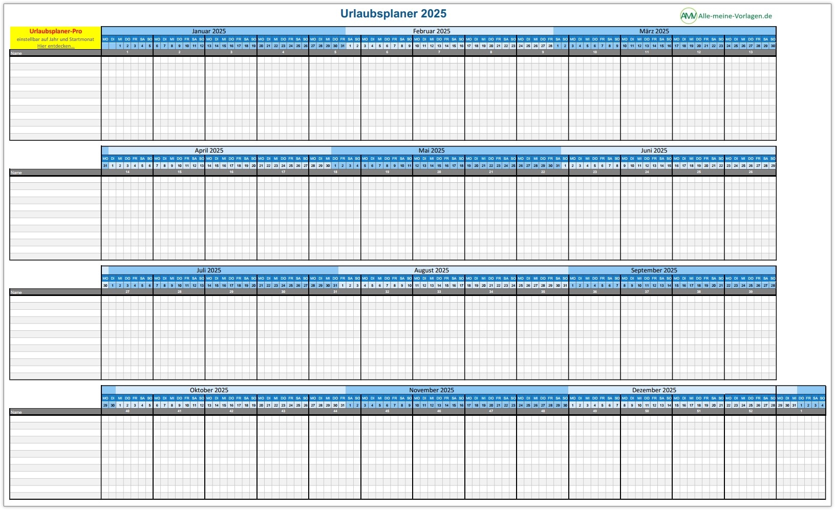 Urlaubsplan 2025 Excel Vorlage Kostenlos