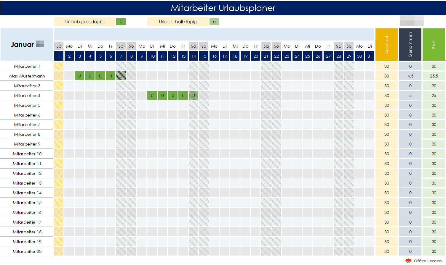 Urlaubskalender Überblick PowerPoint Vorlage