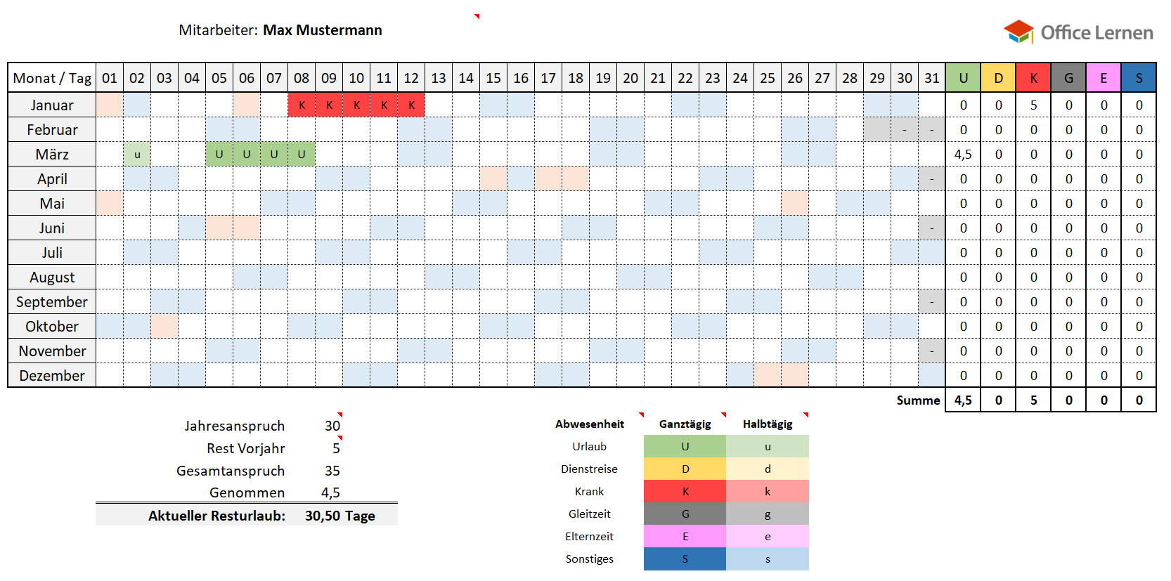 Urlaubskalender Mitarbeiter Groß