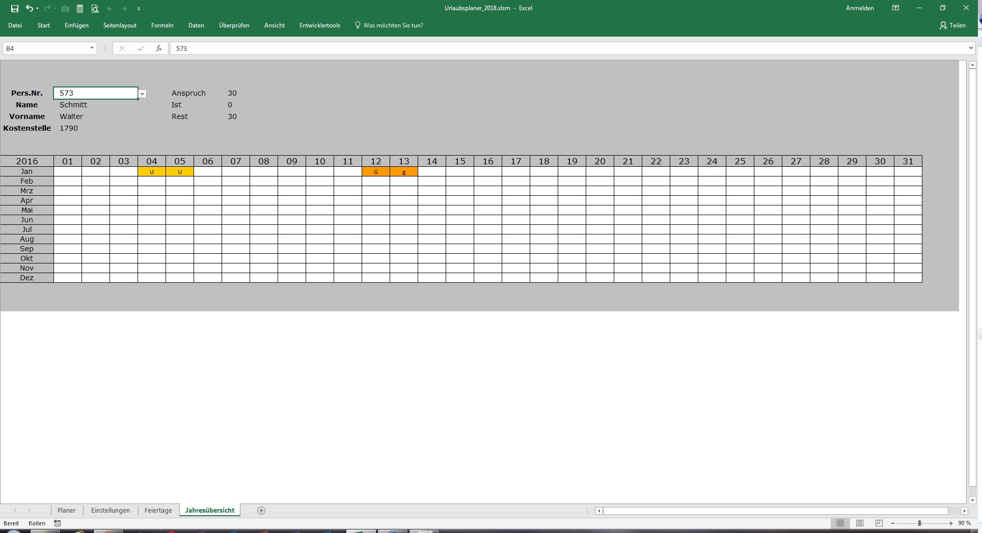 Urlaubskalender Vorlage Excel