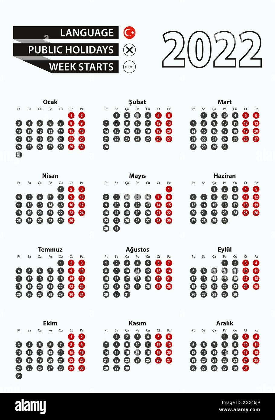 Vektorvorlage Kalender 2022 Mit Zahl In Kreisen Einfacher T rkischer Kalender F r Das Jahr 2022 Vektorgrafik Stock Vektorgrafik Alamy
