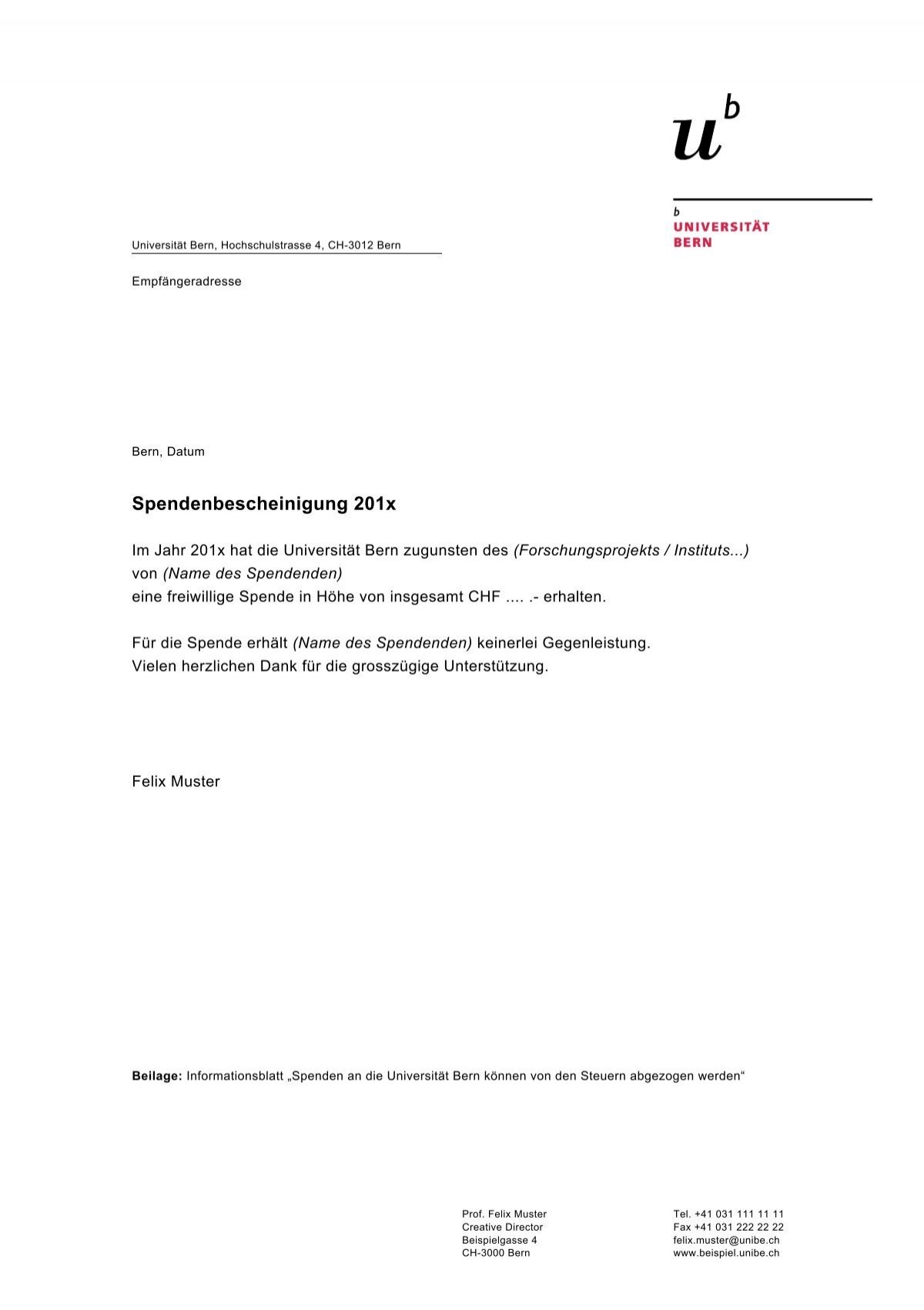 Vorlage Spendenbescheinigung Finanzabteilung Universit t Bern Vorlage Spendenbescheinigung Finanzabteilung Universit t Bern