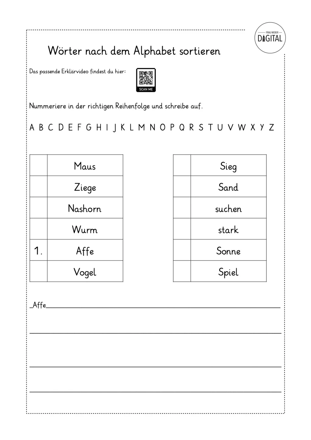 W rter Nach Dem Alphabet Sortieren Klasse 2 Arbeitsblatt Mit L sung Frau Weber Digital