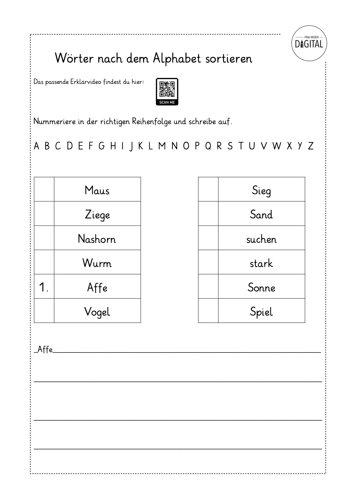 W rter Nach Dem Alphabet Sortieren Klasse 2 Arbeitsblatt Mit L sung Frau Weber Digital