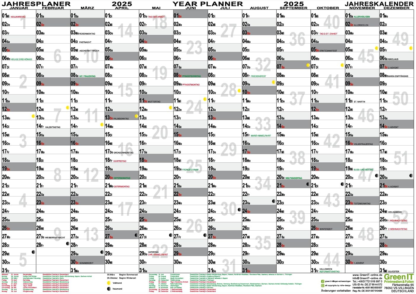 Wall Planner 2025 DIN A1 Folded Wall Calendar Year KW Moon Phases Holidays 4061963020074 Amazon de Stationery Office Supplies