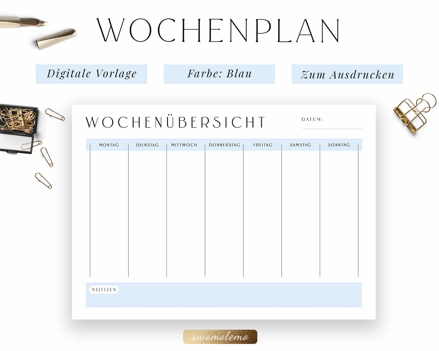 Wochenplan Vorlage PDF Blau Swomolemo Printables
