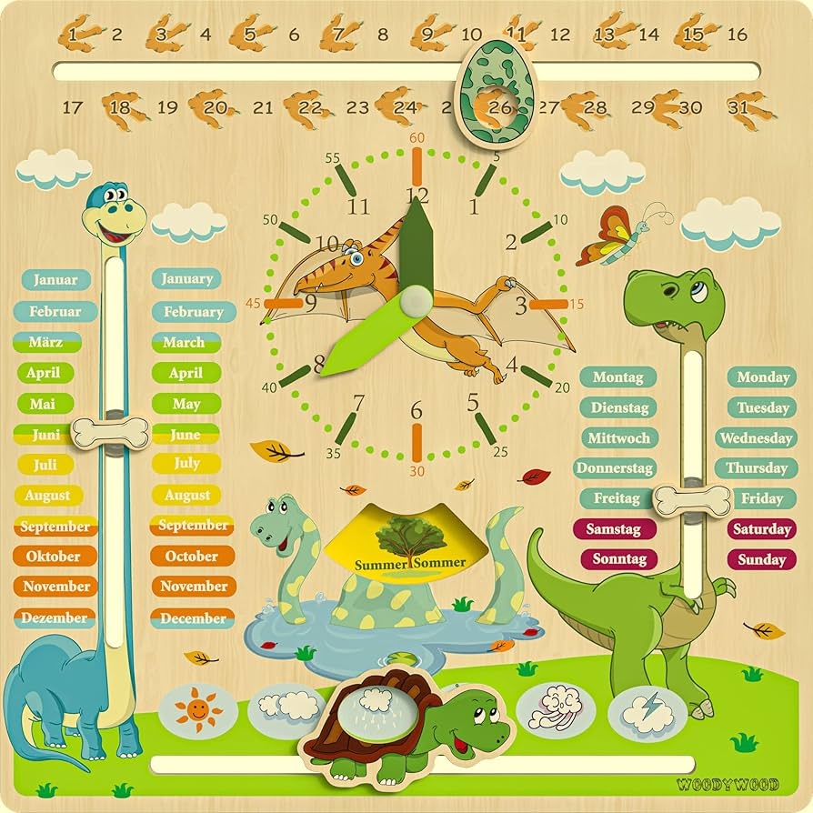 Wandkalender MIT Uhr Kita Holz Deutsch