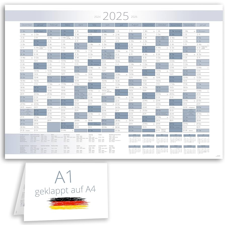 XXL Jahreskalender 2025 Januar 2026 Jahresplaner In A1 Im Schlichtem Blau Wei en Design Mit Ferien Und Feiertagen Wandkalender Wandplaner Kalender Planer Gefaltet Gefalzt Amazon de B robedarf Schreibwaren